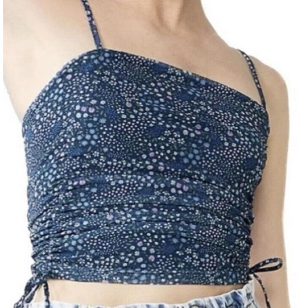 SO Womens Spaghetti Strap Crop Top Size XXL Jrs Blue Floral Ruched Sides Summer - Picture 13 of 14